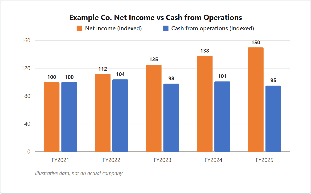Paired bar chart, indexed to 100: Example Co. net income climbs to 150 by fiscal 2025 while cash from operations drifts down to 95