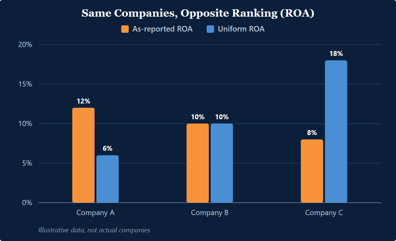 Grouped bar chart: three illustrative companies ranked 12, 10, and 8 percent on as-reported ROA earn 6, 10, and 18 percent under Uniform ROA, inverting the ranking