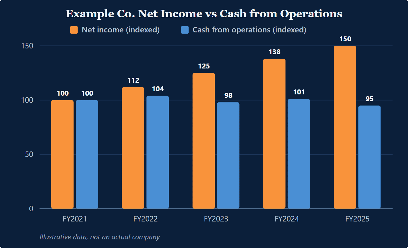 Paired bar chart, indexed to 100: Example Co. net income climbs to 150 by fiscal 2025 while cash from operations drifts down to 95