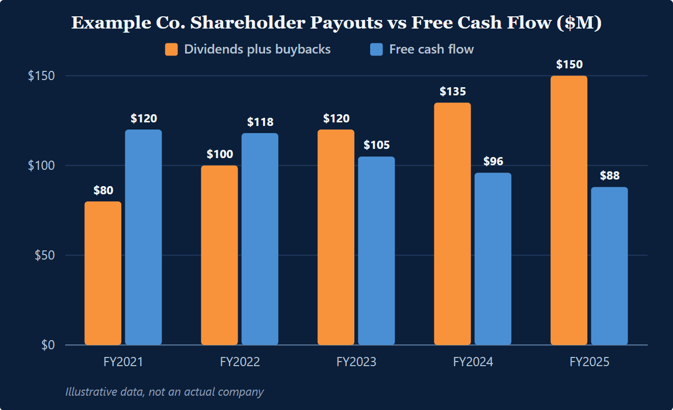 Paired bar chart in millions of dollars: Example Co. dividends plus buybacks rise from 80 to 150 million while free cash flow falls from 120 to 88 million, so payouts exceed cash generation from fiscal 2023 onward