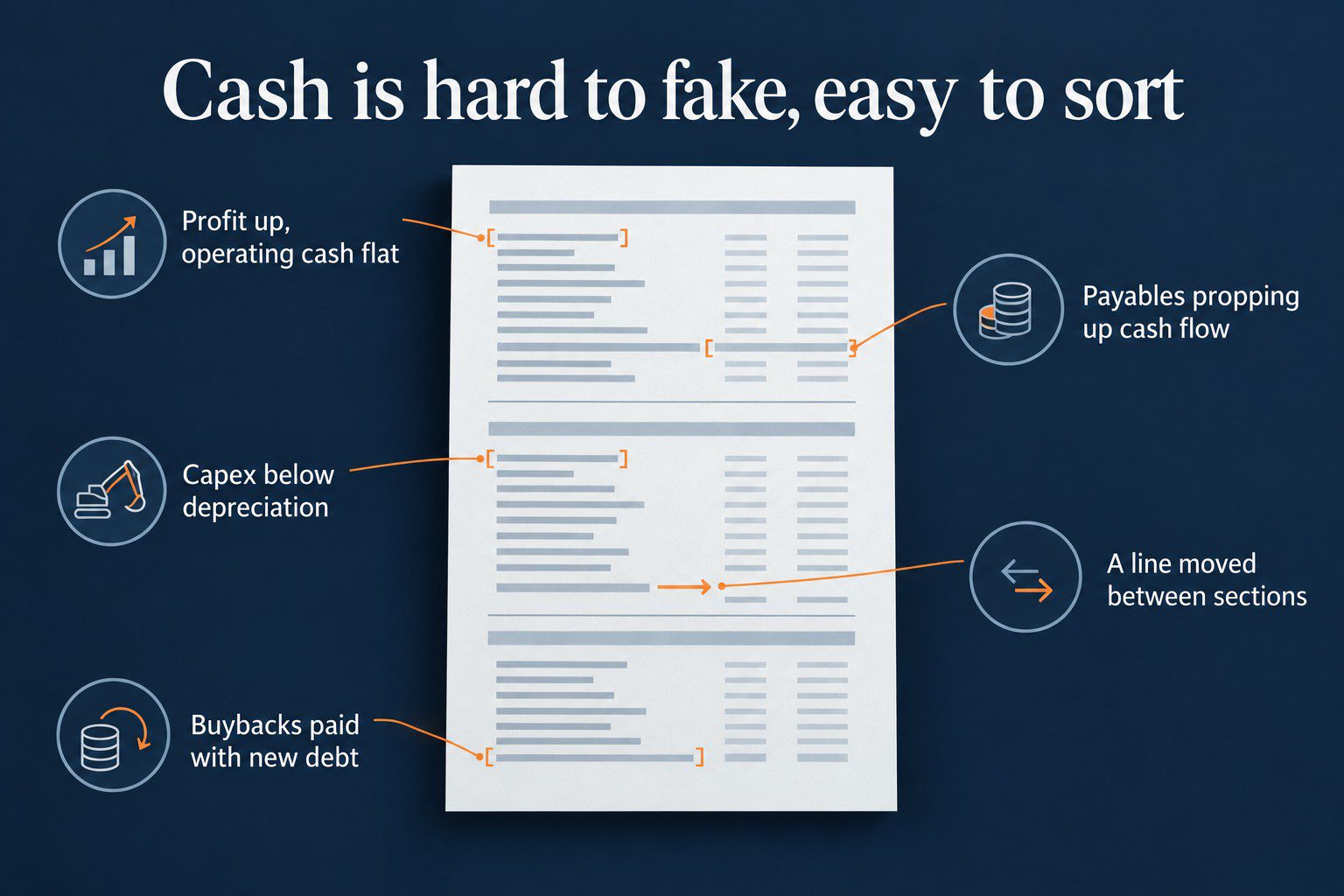 A cash flow statement with five labels: profit up while operating cash is flat, payables propping up cash flow, capex below depreciation, buybacks paid with new debt, and a line moved between sections.