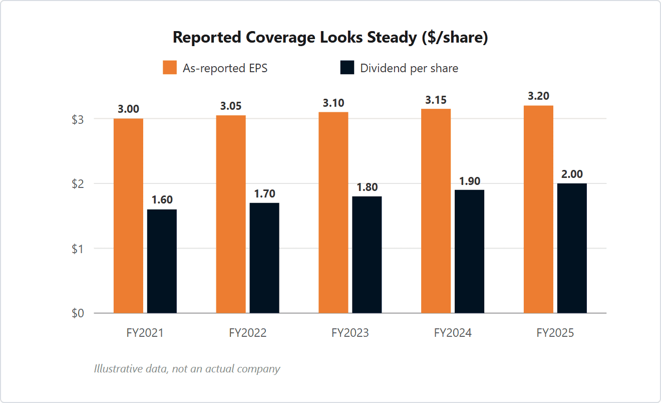 Grouped bar chart: as-reported EPS holds between three dollars and three dollars twenty over five years while the dividend per share grows from one dollar sixty to two dollars, so reported coverage looks steady