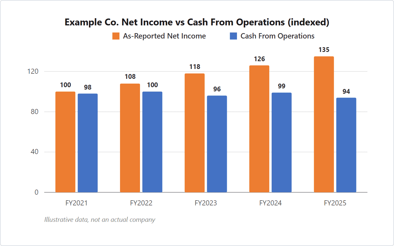 Paired bar chart: an illustrative company's net income climbs from 100 to 135 over five fiscal years while cash from operations stays flat between 94 and 100, so cash conversion falls from 0.98 to 0.70