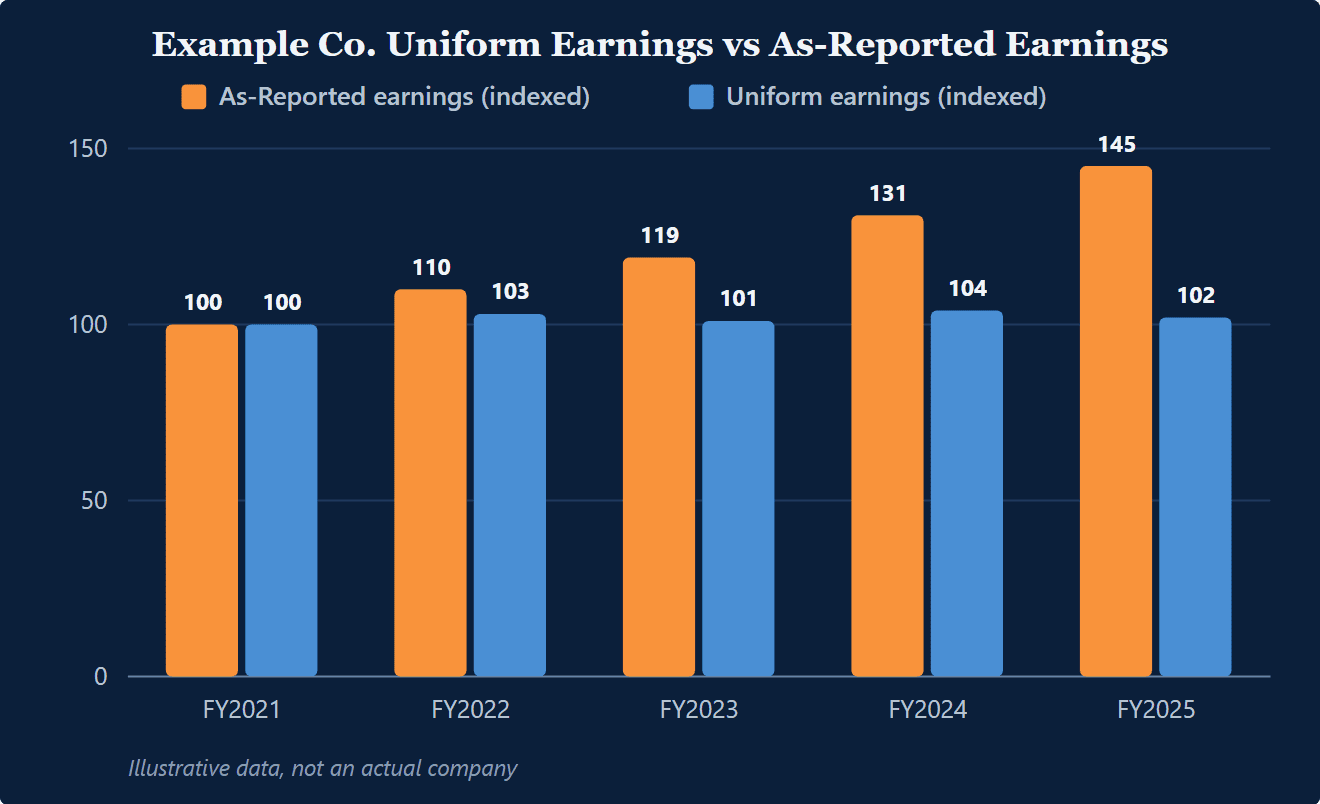 Paired bar chart, indexed to 100: as-reported earnings rise to 145 by fiscal 2025 while Uniform earnings stay between 100 and 104