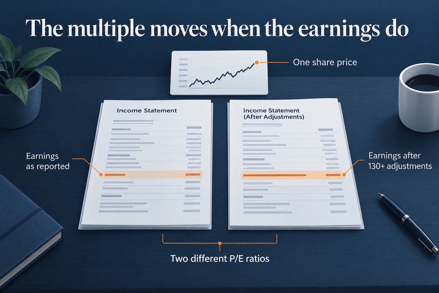 A company's reported income statement beside the same statement after Uniform adjustments, under one share price. Labels mark the share price, the earnings as reported, the earnings after 130 or more adjustments, and the two different P/E ratios that result.