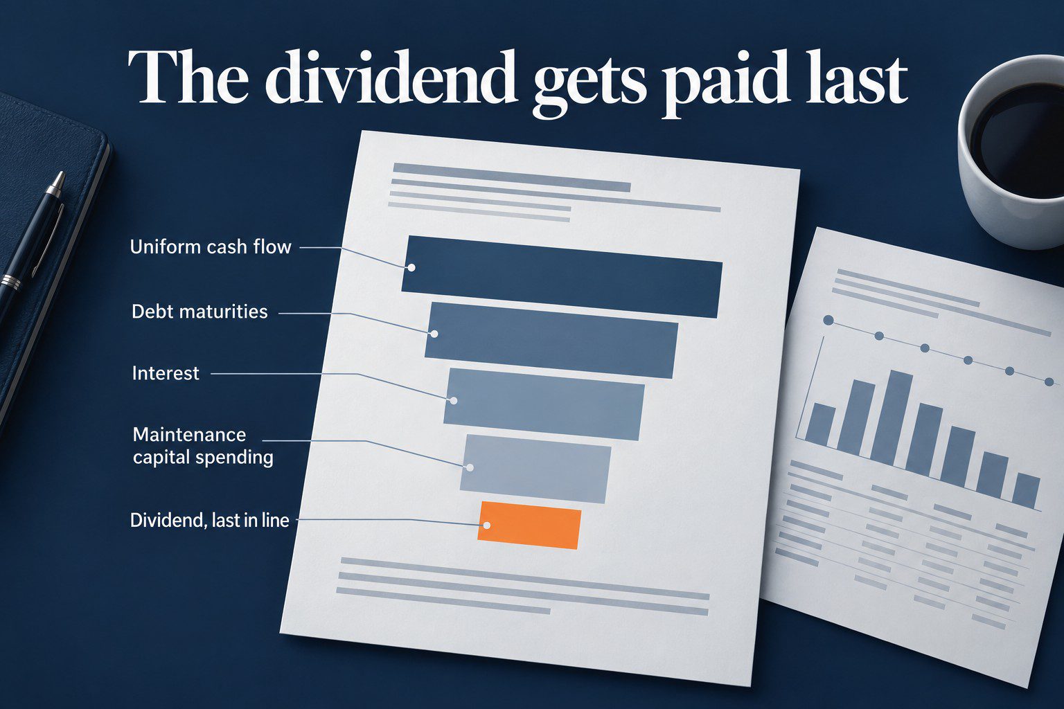 A company's cash flow summary with the cash stacked in order of claim: Uniform cash flow at the top, then debt maturities, interest, and maintenance capital spending, with the dividend as the last and smallest bar.