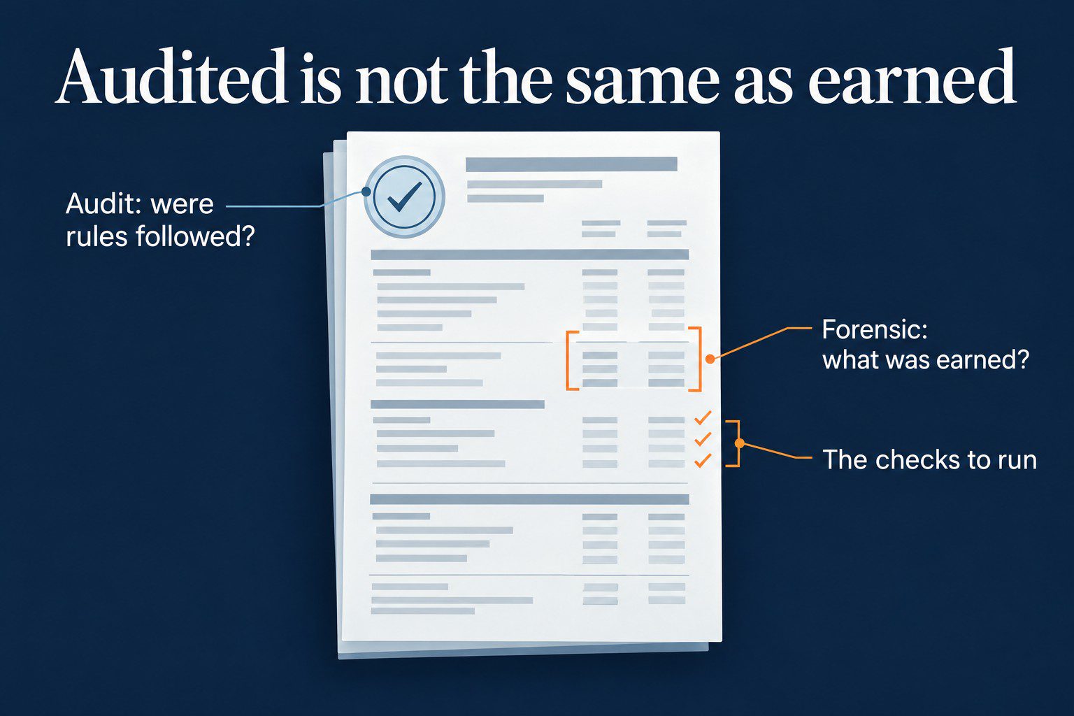 Labeled explainer: a financial statement page with an audit approval stamp on one corner and a forensic bracket and checklist on the lines that matter.