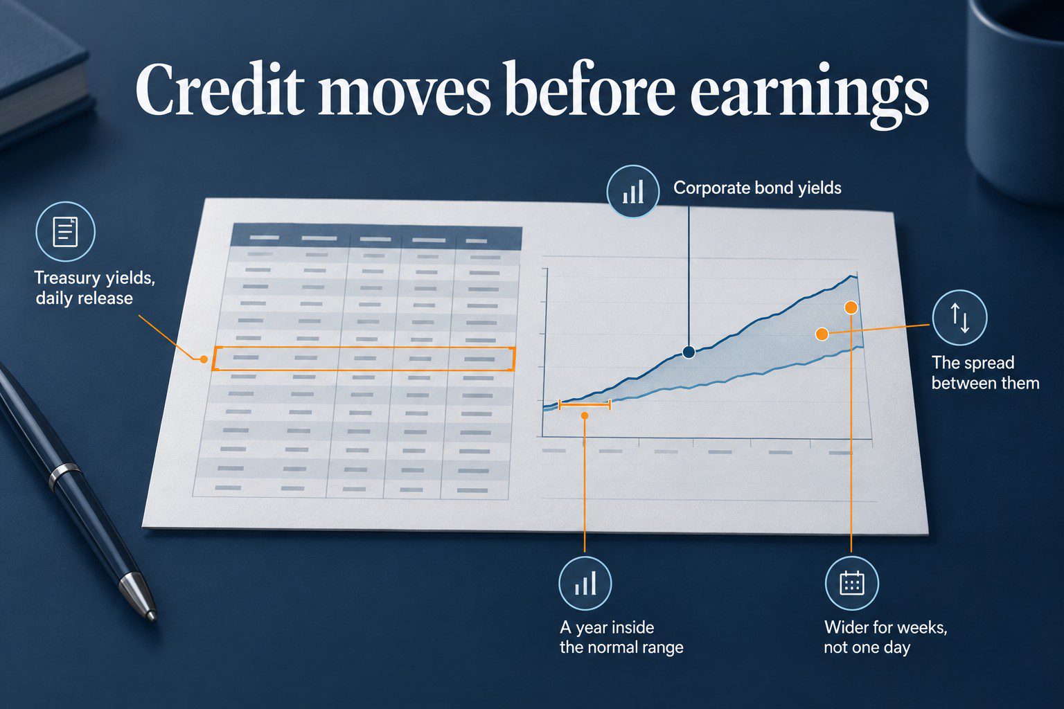 A printed daily rates table beside a two-line spread chart with five labels: Treasury yields from the daily release, corporate bond yields, the spread between them, a year inside the normal range, and wider for weeks, not one day.