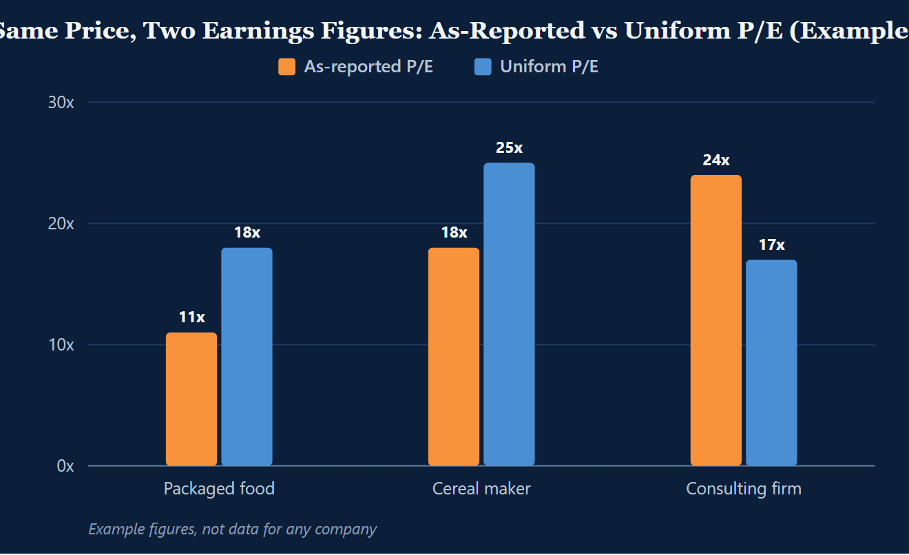 Paired bar chart of as-reported P/E in orange beside Uniform P/E in blue for three example companies, example figures, not data for any company. Packaged food company, 11 as-reported and 18 Uniform. Cereal maker, 18 and 25. Consulting firm, 24 and 17.