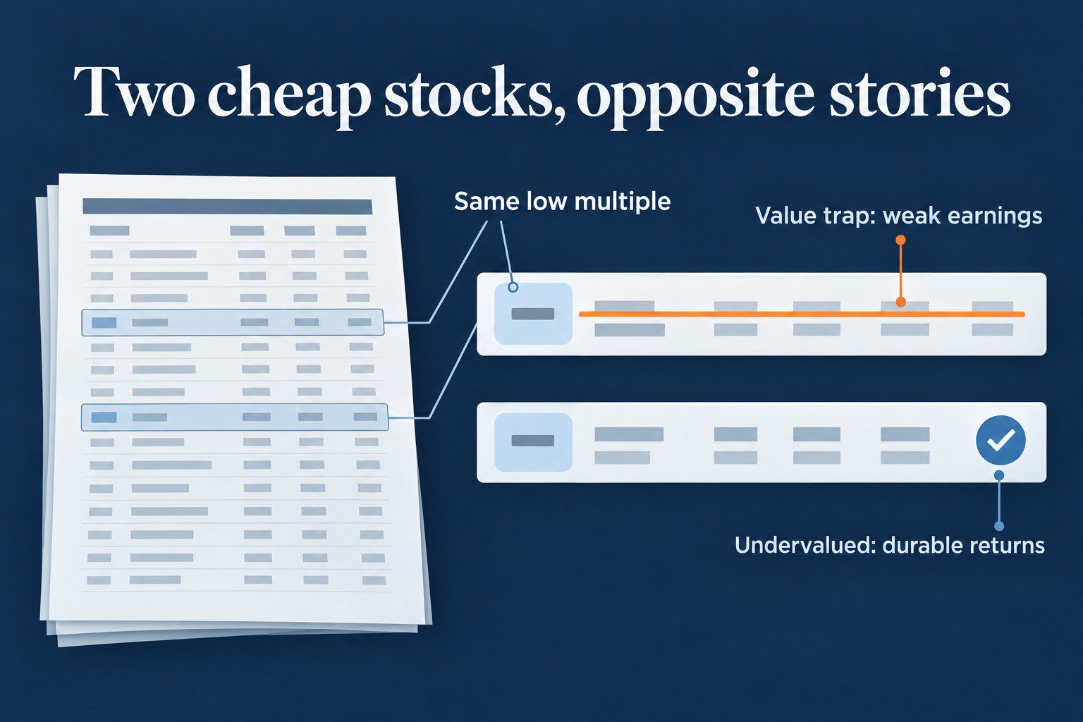 Labeled explainer: two stocks pulled from a screen at the same low multiple, one struck through as a value trap and one checked as undervalued.