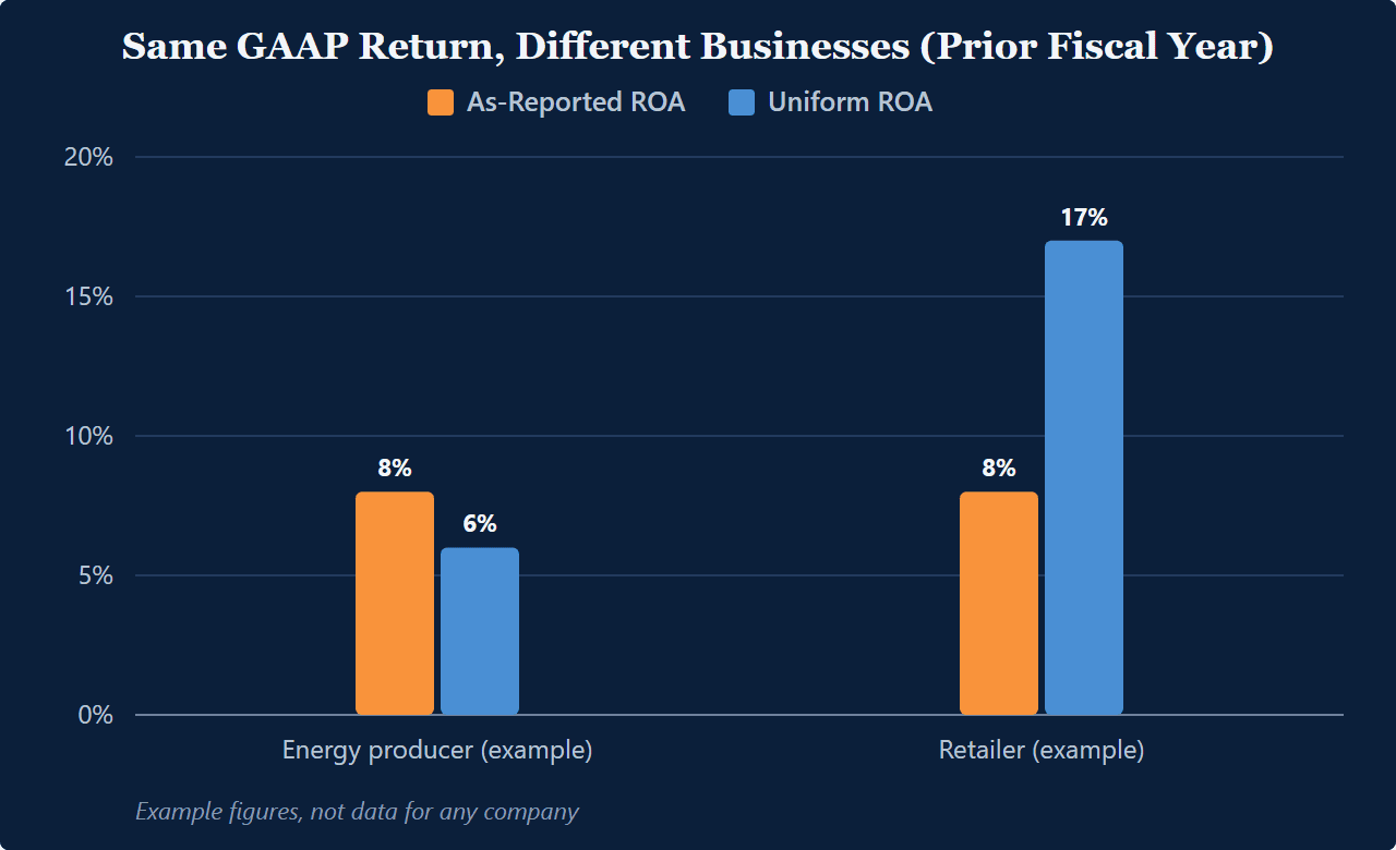 Grouped bar chart, example figures, not data for any company: an energy producer and a warehouse retailer both reported an 8 percent as-reported return on assets for the prior fiscal year. Under Uniform Accounting, the energy producer earned 6 percent and the retailer earned 17 percent.